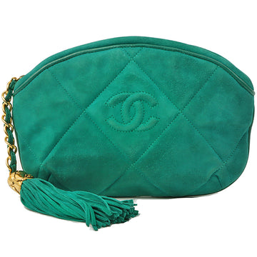 Chanel Around 1990 Suede Fringe Cc Mark Stitch Pouch Emerald Green