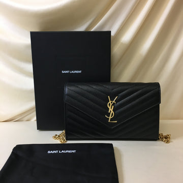 YVES SAINT LAURENT YSL Black Grain de Poudre Envelope Flap Wallet on Chain Sku# 67112