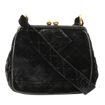 Chanel Around 1990 Made Velour Cc Mark Stitch Metal Clasp Shoulder Bag Black
