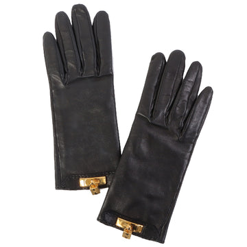HERMES Kelly Leather Gloves Black