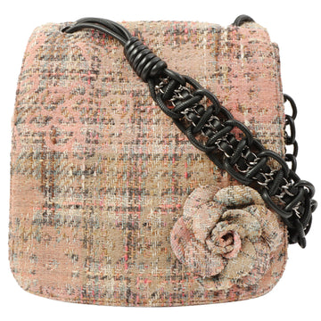 Chanel Around 2005 Made Tweed Camellia Design Chain Shoulder Bag Pink/Multi