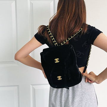 CHANEL Around 1995 Made Double Turn-Lock Velour Backpack Black