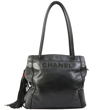 Chanel Around 1998 Made Logo Embroidered Fringe Tote Bag Black