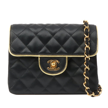 Chanel Around 1990 Made Silk Satin Straight Flap Chain Bag Mini Black/Gold