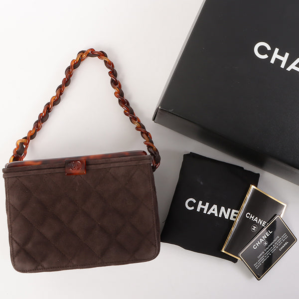 Chanel Around 1997 Made Suede Tortoiseshell CC Mark Box Top Handle Bag Dark Brown