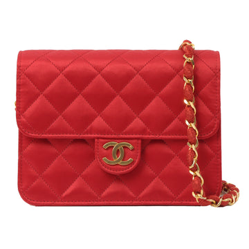 Chanel Around 1995 Made Silk Satin Straight Flap Cc Mark Plate Chain Bag Red