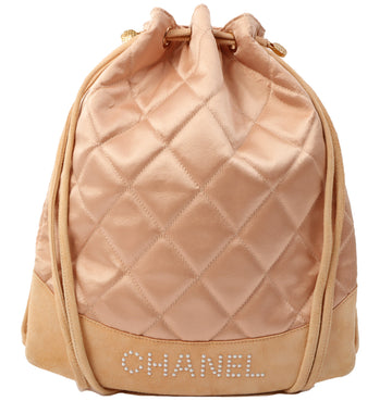 Chanel Around 2000 Made Satin Pearl Logo Drawstring Bag Pink