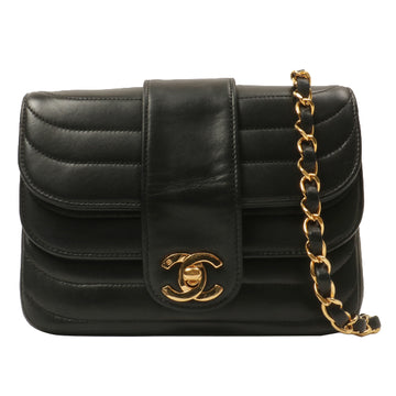 Chanel Around 1992 Made Stripped Stitch Turn-Lock Double Flap Chain Bag Black