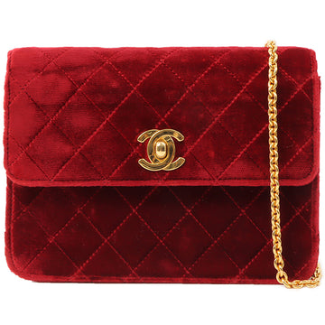 Chanel Around 1992 Made Velour Straight Flap Turn-Lock Mini Chain Bag Red