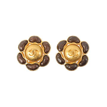 Chanel 1997 Made Cc Mark Flower Stone Earrings Brown