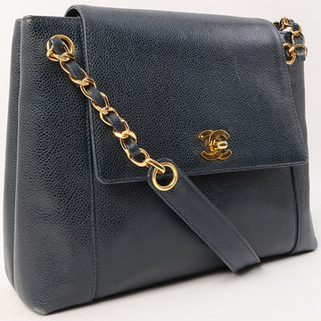 Chanel Around 1997 Made Caviar Skin Turn-Lock Chain Tote Bag Navy