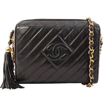 Chanel Around 1995 Made Mademoiselle Stitch Fringe Chain Bag Black