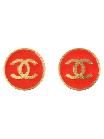 CHANEL 2001 Made Round Cc Mark Earrings Red