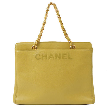 Chanel Around 1998 Made Caviar Skin Logo Embroidered Chain Tote Bag Lime Green