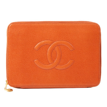 Chanel Around 1998 Made Caviar Skin Cc Mark Stitch Wallet Clutch Bag Orange