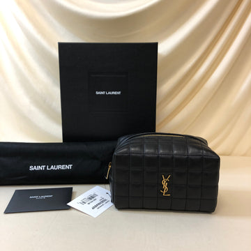 YVES SAINT LAURENT YSL Black Leather Zippy Cosmetic Bag Sku# 64255
