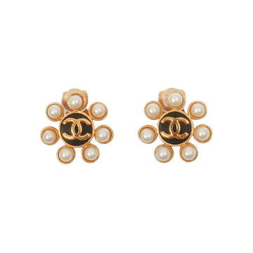 Chanel 1995 Made Pearl Design Coco Mark Earrings Black