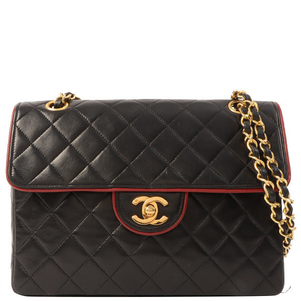 Chanel Around 1990 Made Edge Design Flap Turn-Lock Chain Bag Black/Red