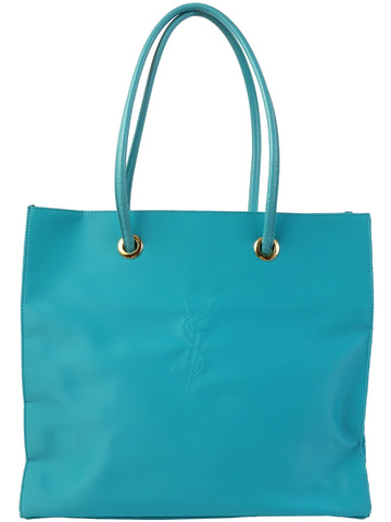 YVES SAINT LAURENT Nylon Logo Embossed Tote Bag Turquoise Blue