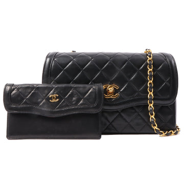 Chanel Around 1990 Made Edge Flap Turn-Lock Chain Bag With Pouch Black