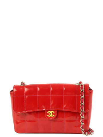 CHANEL Around 2000 Made Patent Cc Mark Plate Chocolate Bar Shoulder Bag Red