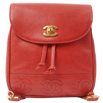 Chanel Around 1995 Made Caviar Skin Cc Mark Plate Backpack Red