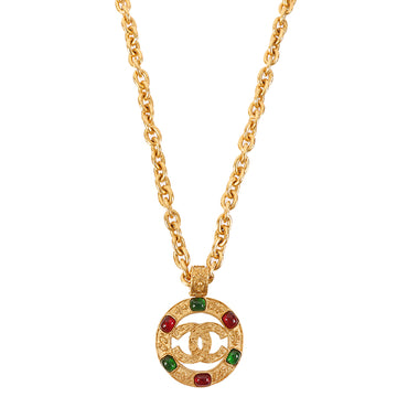 CHANEL 1994 Made Gripoix Round Cutout Cc Mark Necklace Green/Red
