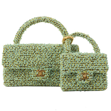Chanel Around 1993 Made Tweed Classic Flap Top Handle Bag With Micro Bag Apple Green