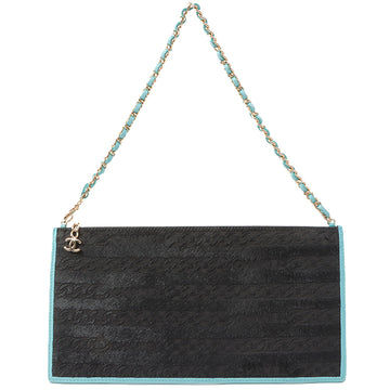 Chanel Around 2000 Made Unborn Calf Logo Embossed Chain Clutch Bag Black/Turquoise Blue