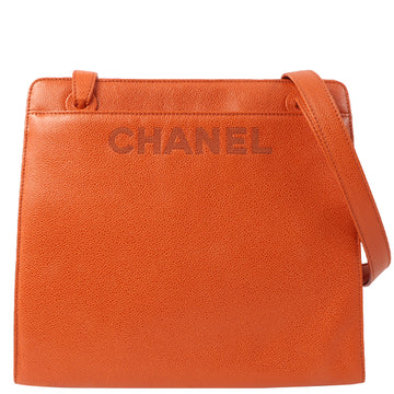 Chanel Around 1998 Made Caviar Skin Logo Embroidered Tote Bag Orange