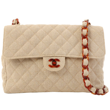 Chanel Around 1997 Made Linen Tortoiseshell Turn-Lock Shoulder Bag Beige/Brown