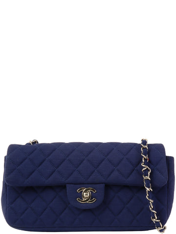 CHANEL Around 2009 Made Cotton East West Classic Flap Chain Bag Navy