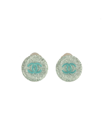 CHANEL 2000 Made Round Glitter Cc Mark Earrings Baby Blue