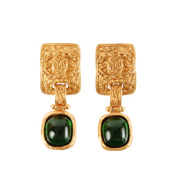 CHANEL 1994 Made Gripoix Square Cc Mark Swing Earrings Green