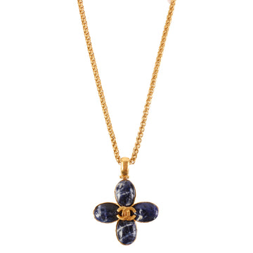 CHANEL Around 1995 Made Marble Stone Cc Mark Flower Motif Necklace Royal Blue