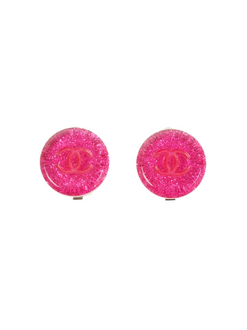 CHANEL 2000 Made Round Glitter Cc Mark Earrings Fushia Pink