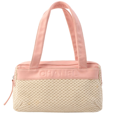 Chanel Around 2005 Made Cotton Leather Comby Logo Embossed Handle Bag Beige/Pink
