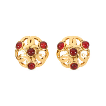 CHANEL 1990 Made Gripoix Triple Cc Mark Earrings Red