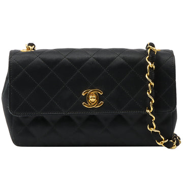 Chanel Around 1990 Made Silk Satin Straight Flap Turn-Lock Chain Bag Black
