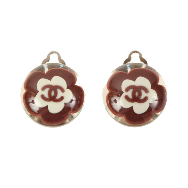CHANEL 2004 Made Round Cc Mark Flower Earrings Clear/Brown