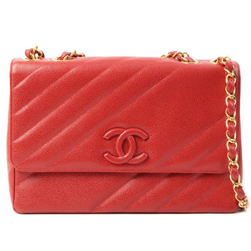 Chanel Around 1995 Made Caviar Skin Cc Mark Diagonal Stitch Chain Bag Red