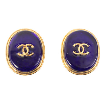 Chanel 1993 Made Gripoix Oval Cc Makr Earrings Sapphire Blue