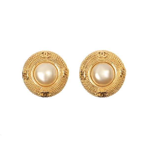 Chanel Around 1991 Made Pearl Round 4 Cc Mark Earrings