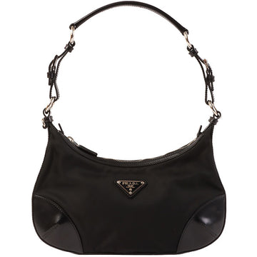 PRADA Leather Nylon Comby Logo Plate Shoulder Bag Black