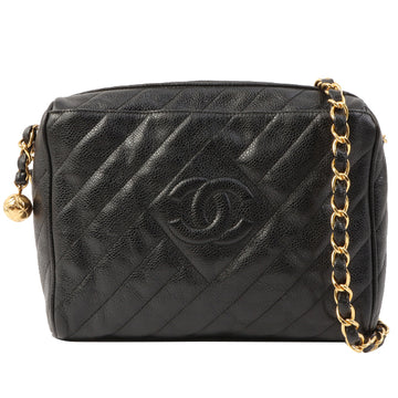 Chanel Around 1995 Made Caviar Skin Cc Mark Stitch Ball Charm Chain Shoulder Bag Black
