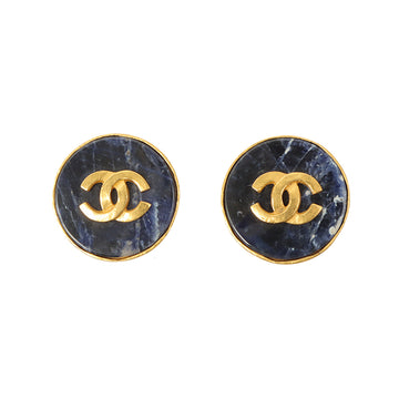 Chanel 1995 Made Round Stone Cc Mark Earrings Cobalt Blue