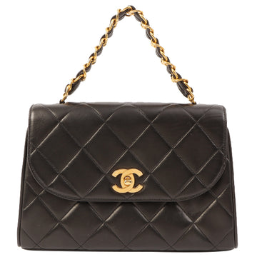 Chanel Around 1995 Made Design Flap Turn-Lock Chain Top Handle Bag Black