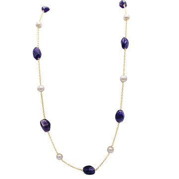 Akoya pearls, amethysts, yellow gold long necklace.