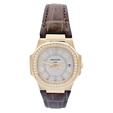 Patek Philippe watch, Nautilus collection, pink gold, diamonds, leather.