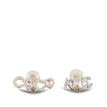CHANEL Gold Plated Rhinestone I Love Coco Clip On Earrings Costume Earrings